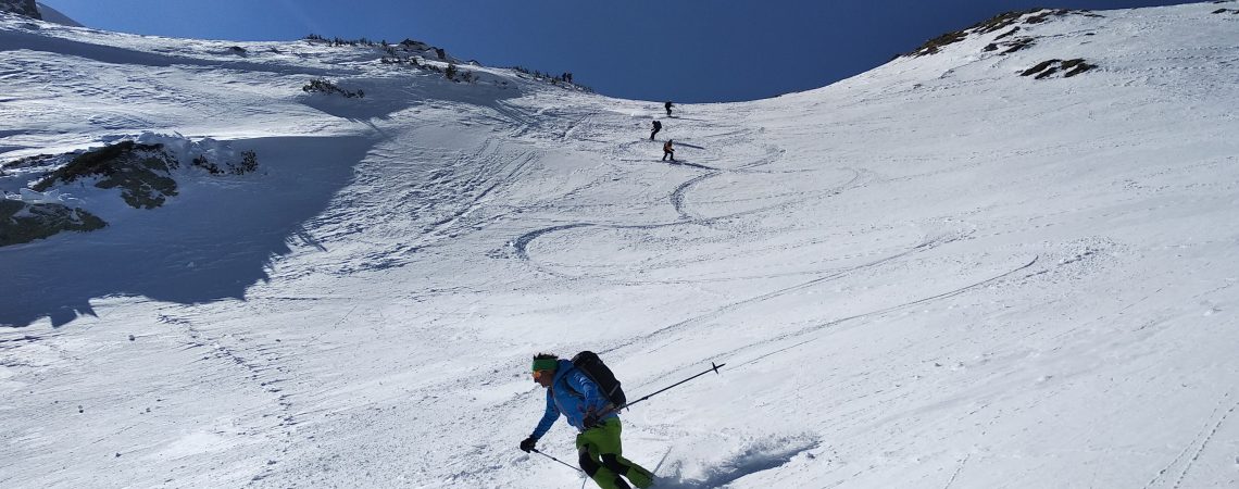 Down skiing from mt.Vihren, backcountri skiing in Bulgaria